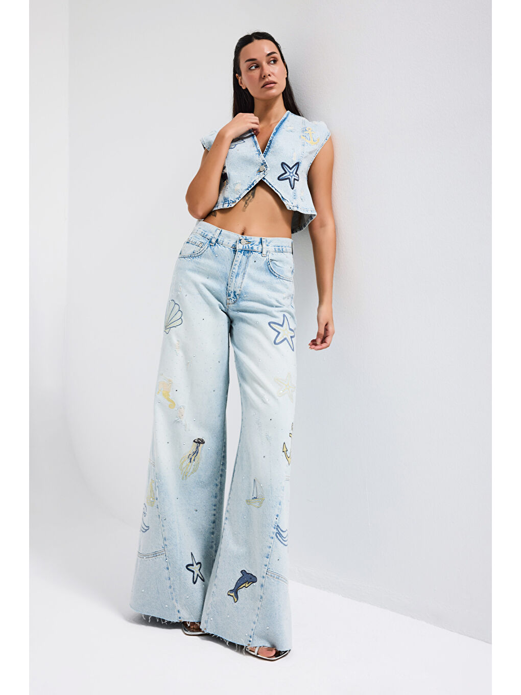 Mavi Kadın Jean Rengi T-12s6-99 Palazzo Fit Nakış Detaylı Özel Tasarım Denim Jean-5