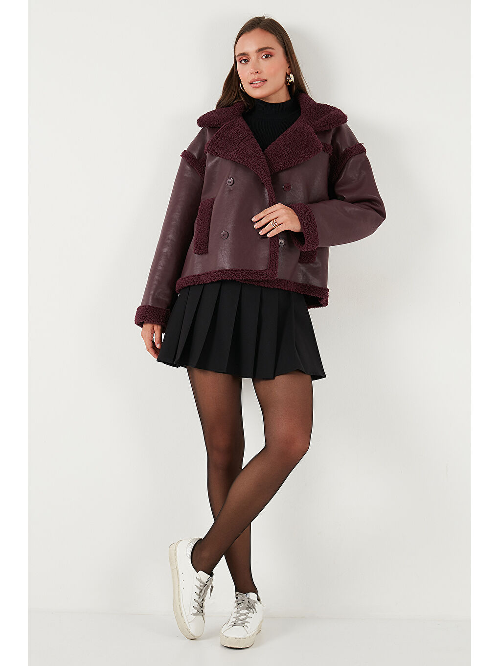 Bordo Oversize Kruvaze Yaka Pelüş Detaylı Suni Deri Biker Ceket Mont 6810247-1