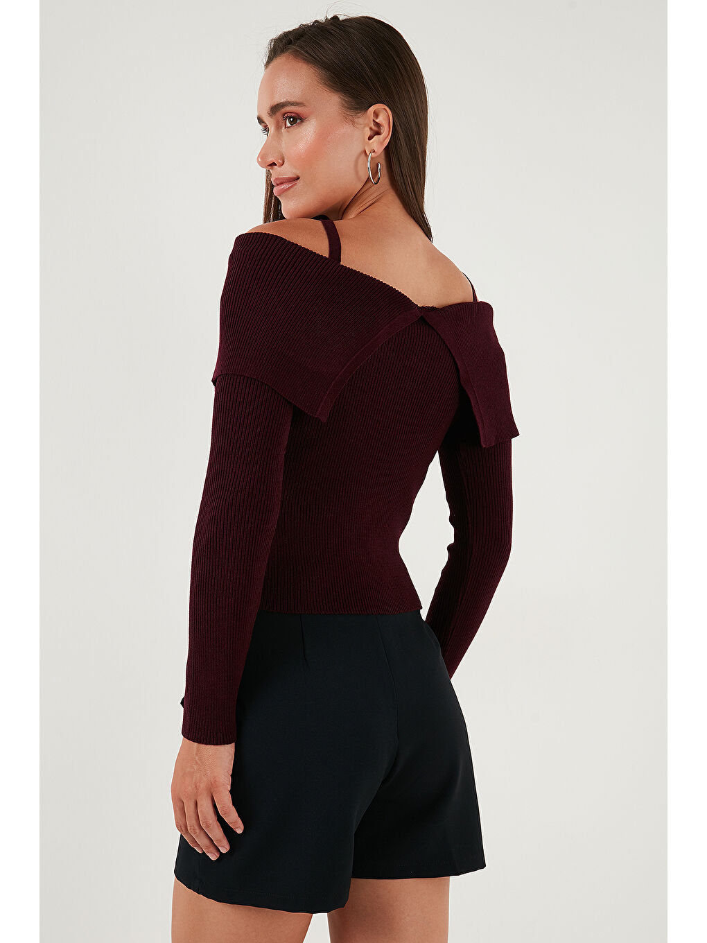 Bordo Premium Fitted Fit Carmen Yaka İp Askı Detaylı Triko Kazak 680KZ00076-6