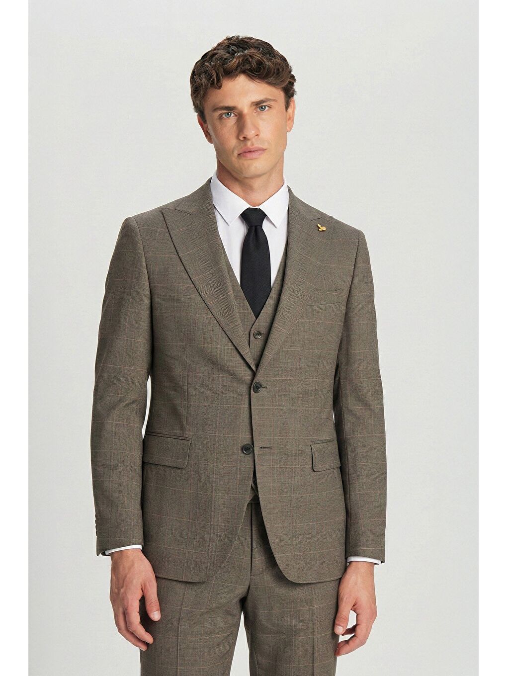 Giotelli Erkek Bej Slim Fit Ekose Mono Yaka 6 Drop Tam Astarlı 5'Li Takım Elbise-1