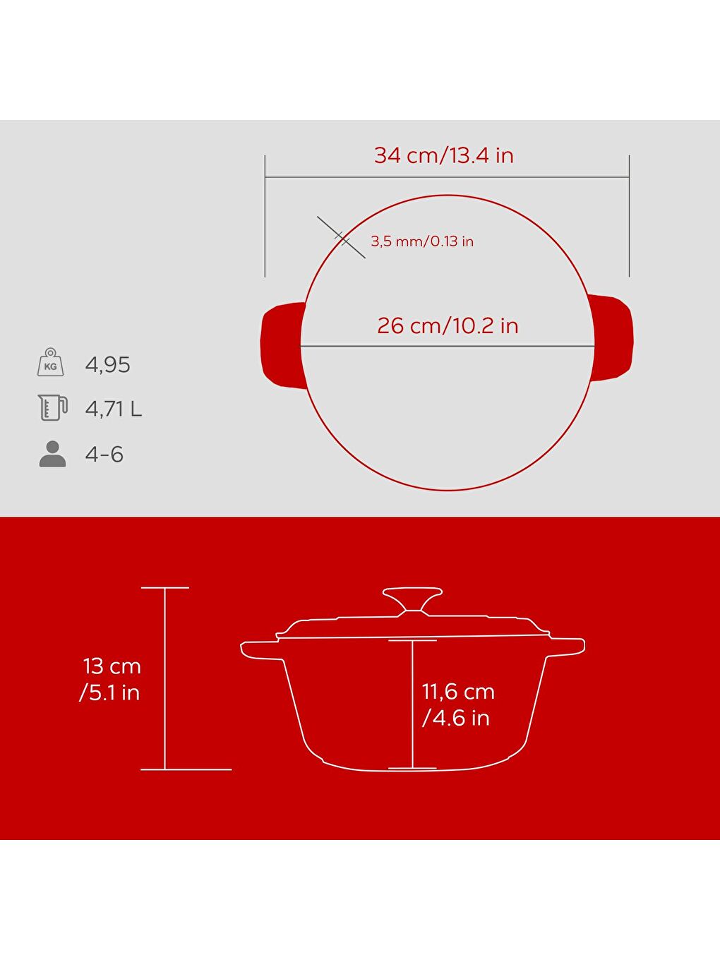 Yuvarlak Tencere Döküm Demir Yekpare Kulplu. Çap(Ø)26cm. - Kırmızı-5