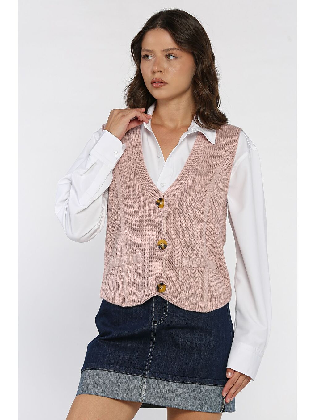 Pembe Kadın Düğmeli Triko Yelek (s-m-l-xl Uyumludur)-1