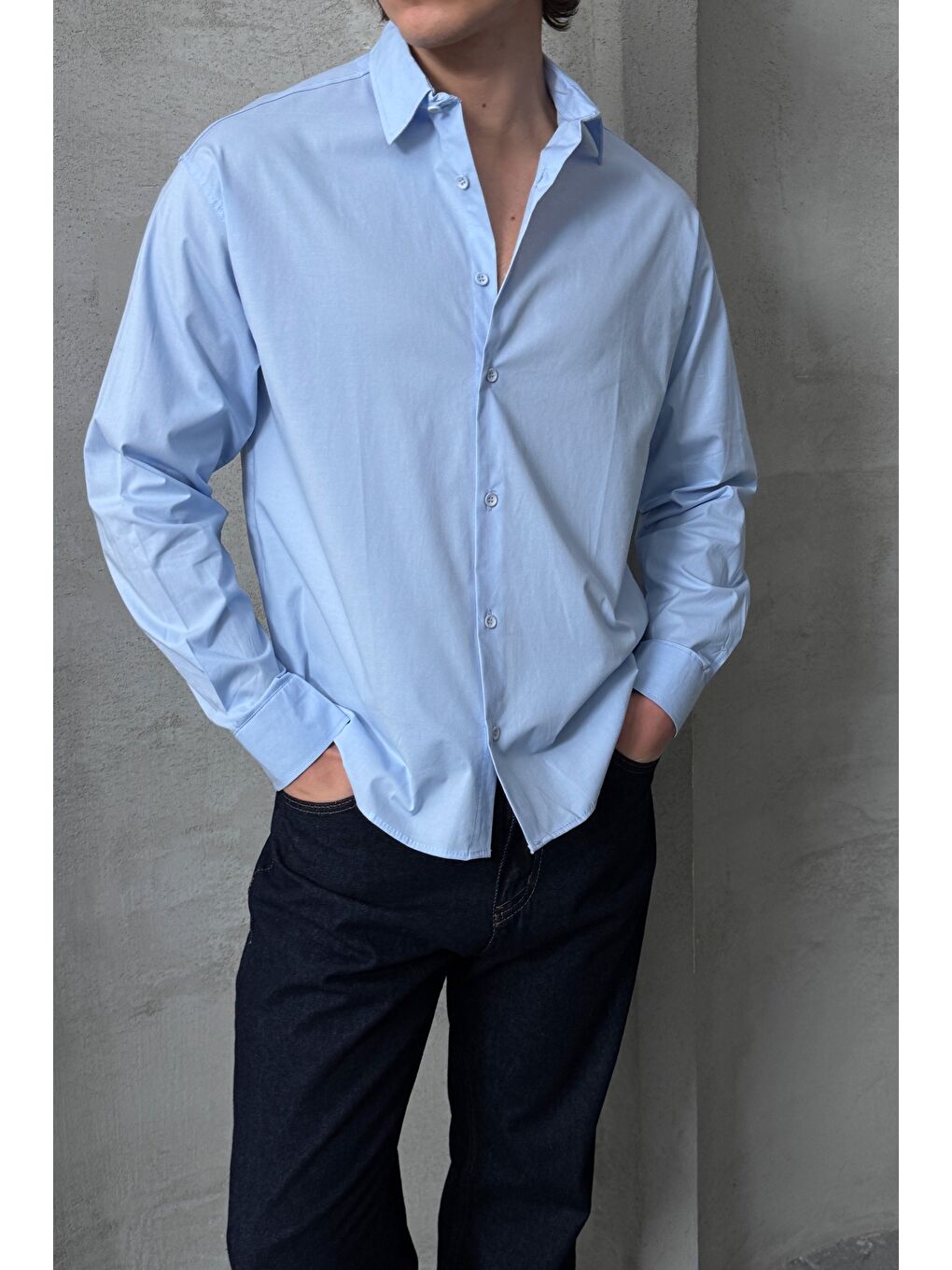 Mavi Erkek Oversize Pamuklu Poplin Gömlek