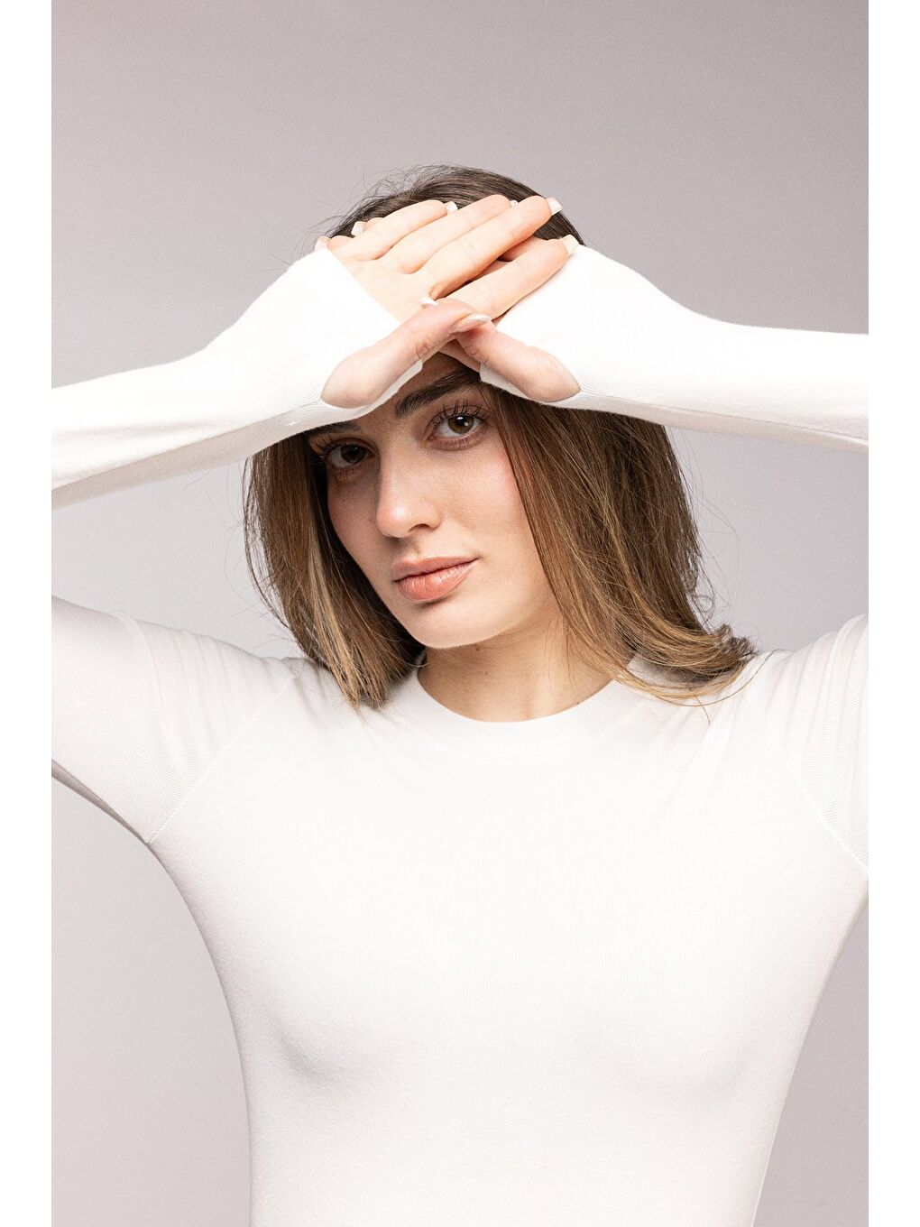 Ekru Kadın Bisiklet Yaka Parmak Geçmeli Uzun Kollu Body/Bluz-1