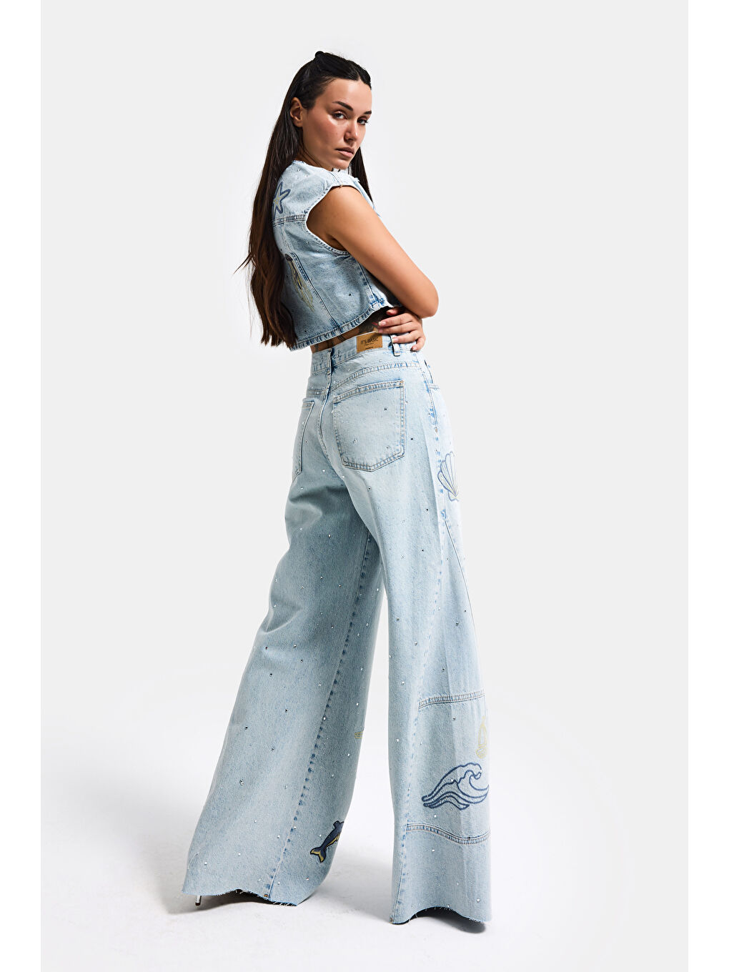 Mavi Kadın Jean Rengi T-12s6-99 Palazzo Fit Nakış Detaylı Özel Tasarım Denim Jean-6