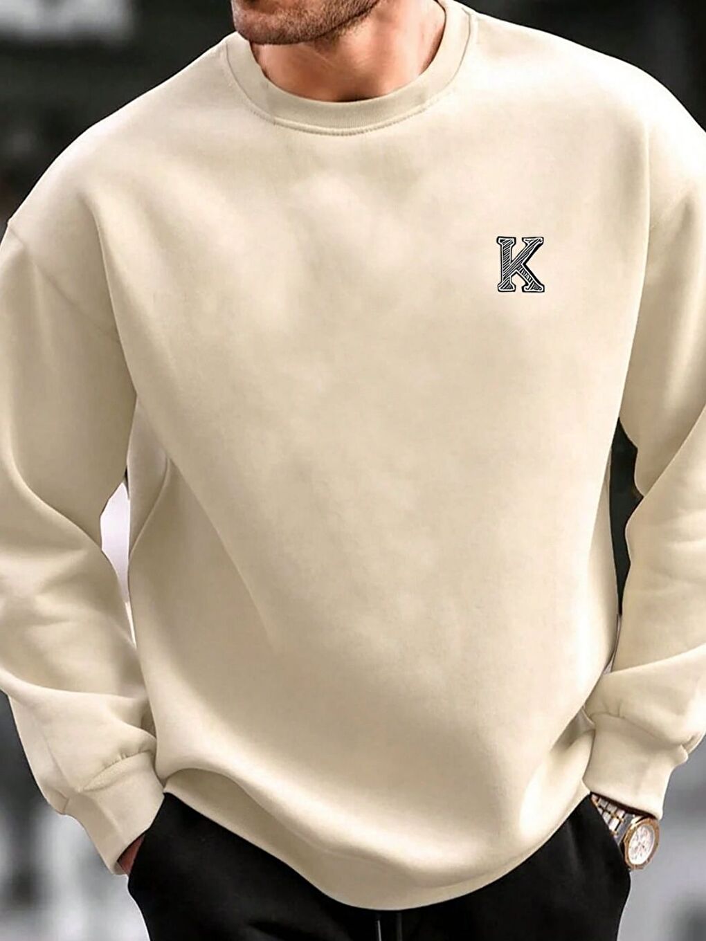 Bej K Baskılı Oversize Bisiklet Yaka Uzun Kollu Sweatshirt