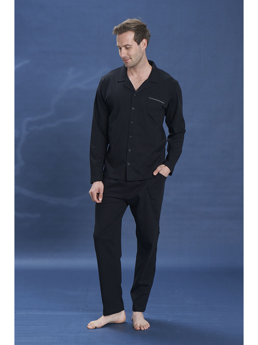 Erkek Penye Uzun Kol Pijama Takımı 2142 Siyah01-1