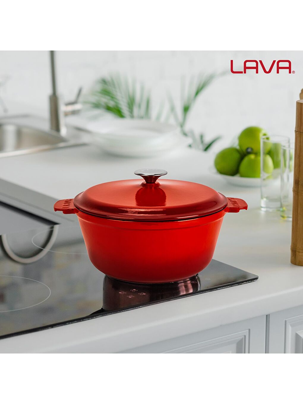 Yuvarlak Tencere Döküm Demir Yekpare Kulplu. Çap(Ø)26cm. - Kırmızı-7