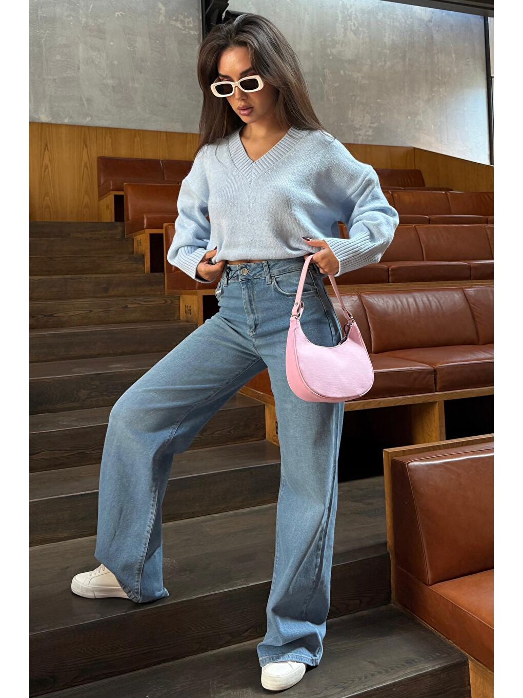 Bebe Mavisi V Yaka Oversize Kadın Triko Kazak Mg2149-2