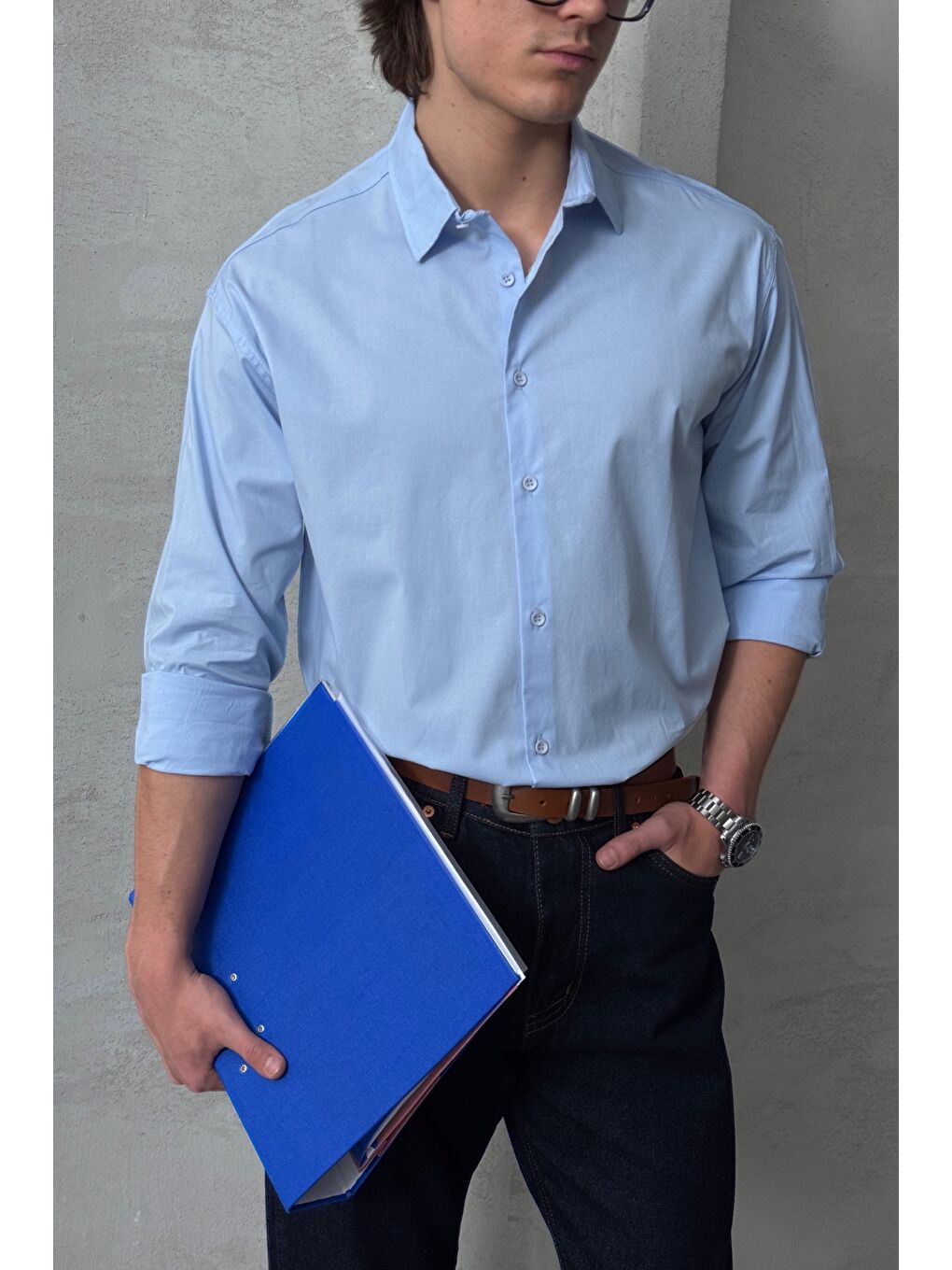 Mavi Erkek Oversize Pamuklu Poplin Gömlek-1