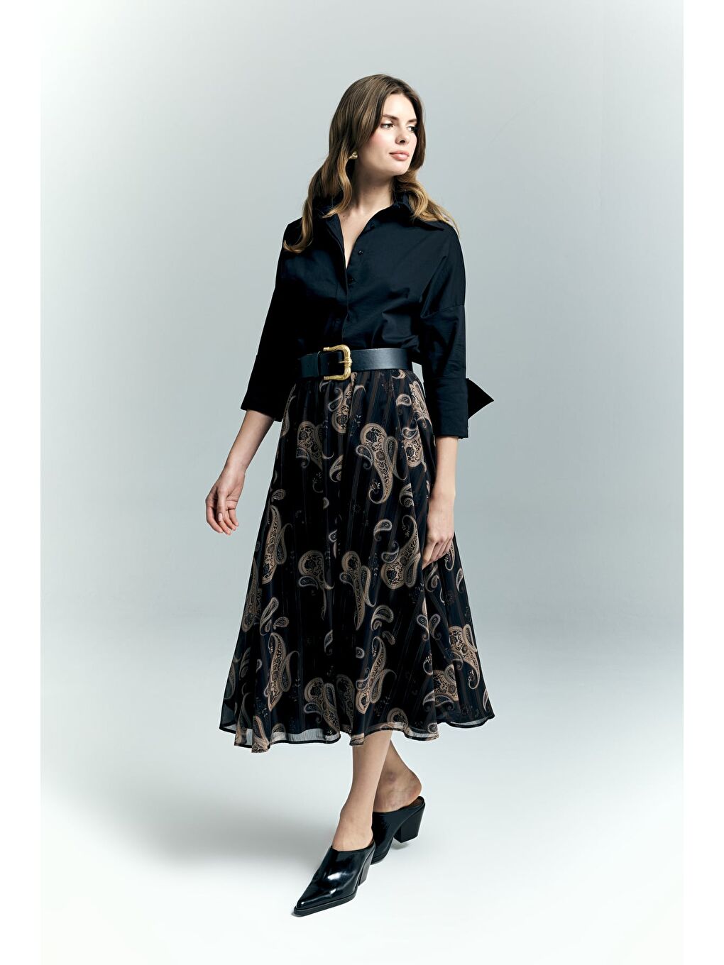 Şal Desen Şifon Etek - Siyah