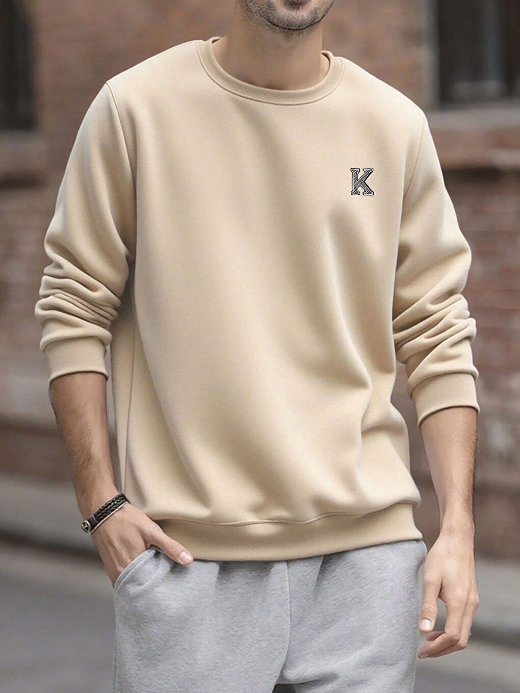 Bej K Baskılı Oversize Bisiklet Yaka Uzun Kollu Sweatshirt-1