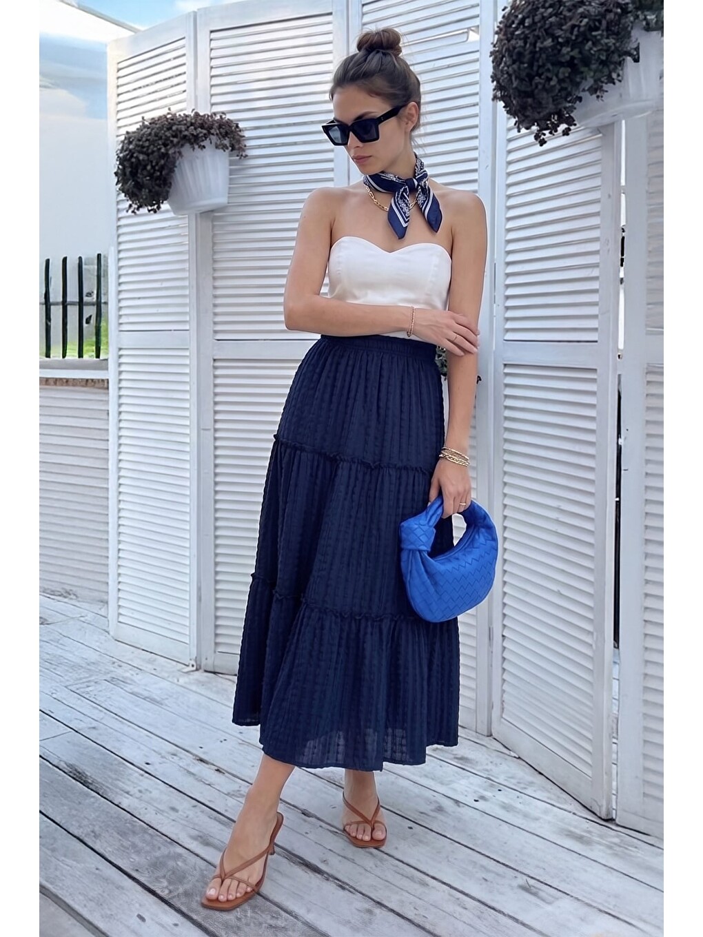 Lacivert Beli Lastikli Bürümcük Kumaş Etek