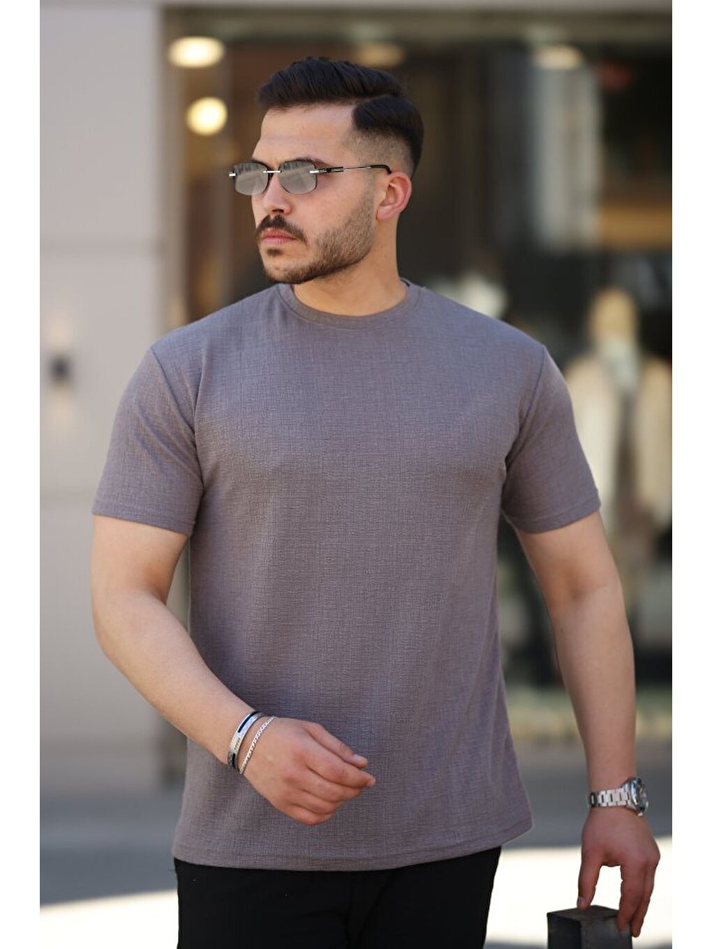 Gri Erkek Ağaç Kabuğu Desenli Kısa Kollu T-shirt