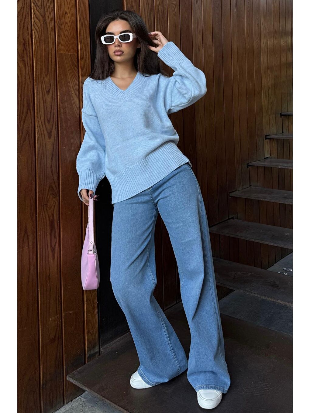 Bebe Mavisi V Yaka Oversize Kadın Triko Kazak Mg2149-3