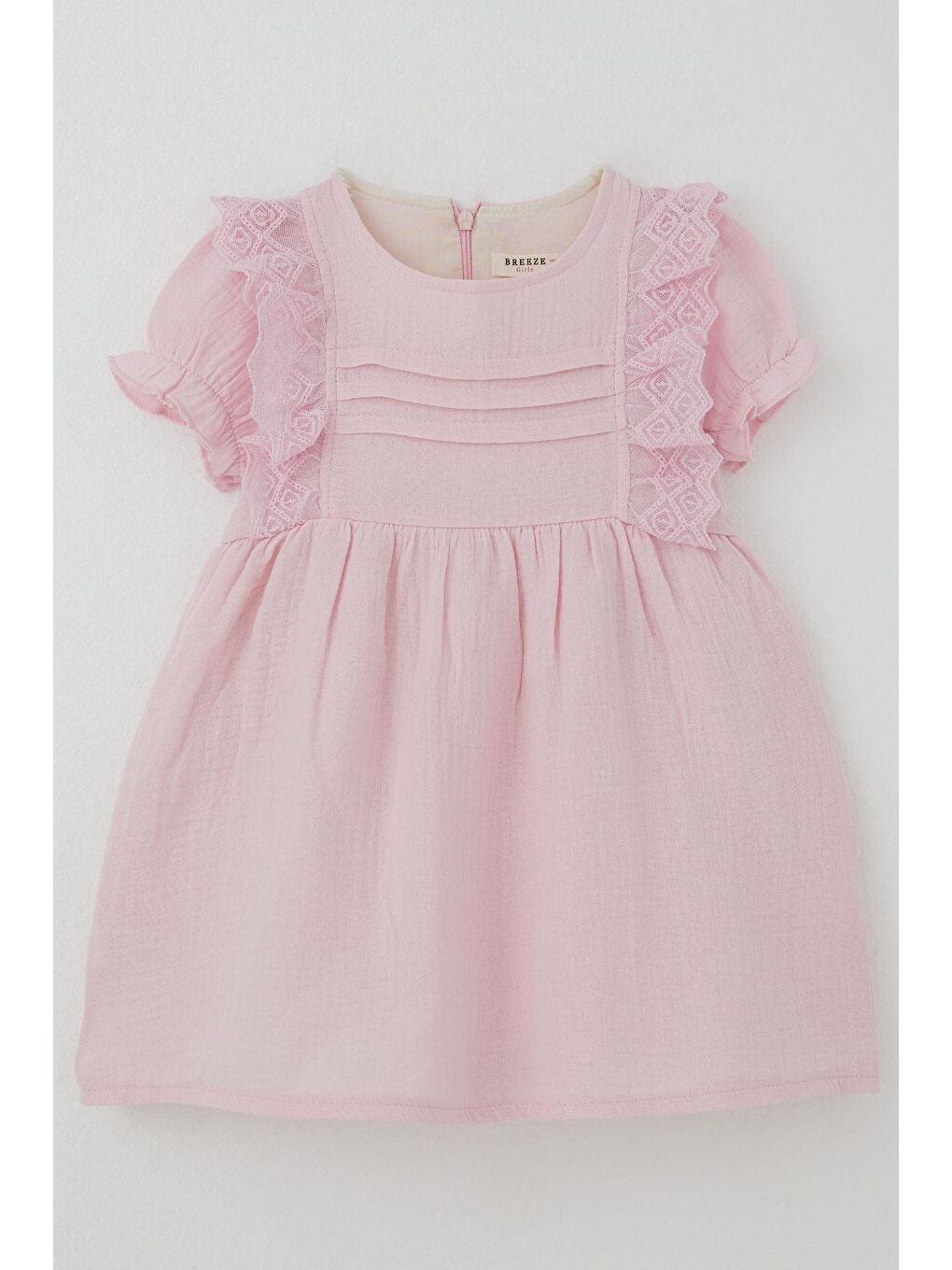 Kız Bebek Elbise Omuz Kısmı Güpür Detaylı Kolları Lastikli Pembe (9 Ay-3 Yaş)
