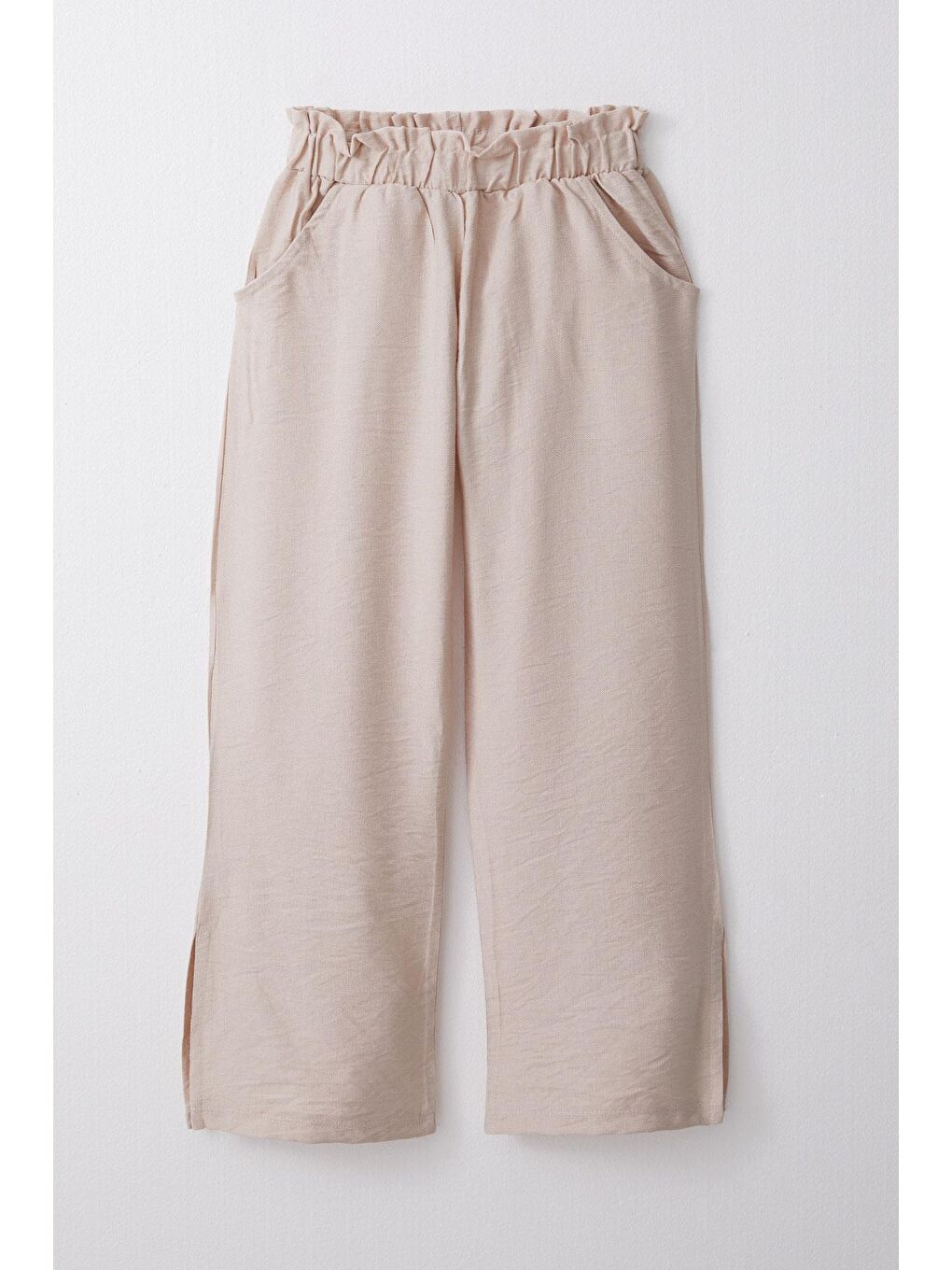 Kız Çocuk Pantolon Beli Lastikli Yanları Yırtmaçlı Bej (8-14 Yaş)