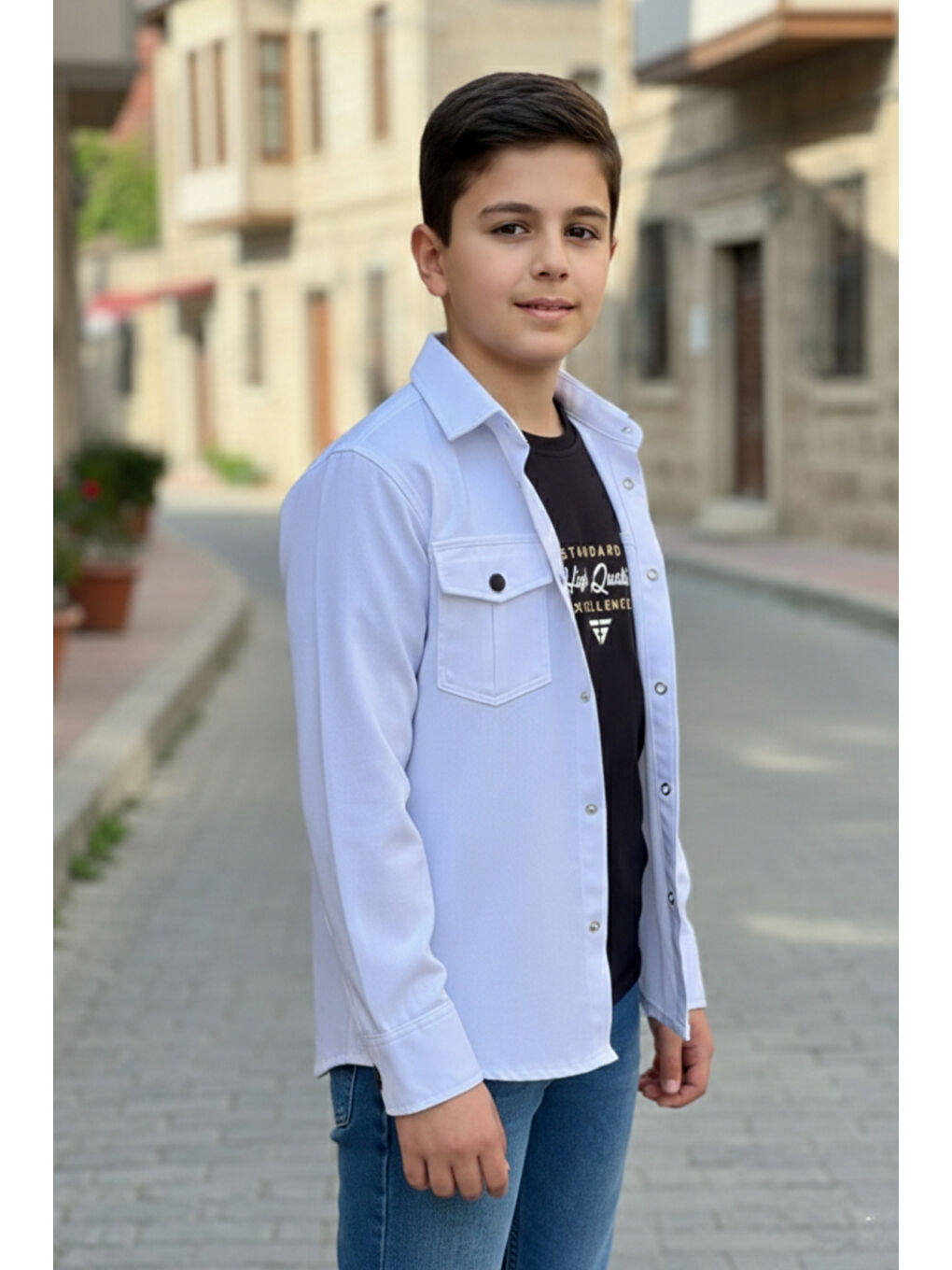 Beyaz Erkek Çocuk Çıtçıtlı Gömlek Tişört Üst Takım-1