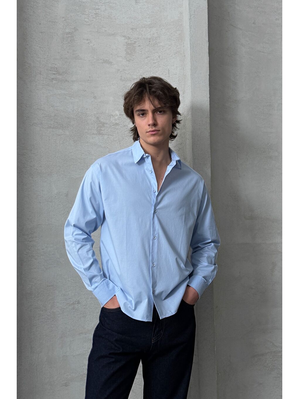 Mavi Erkek Oversize Pamuklu Poplin Gömlek-3