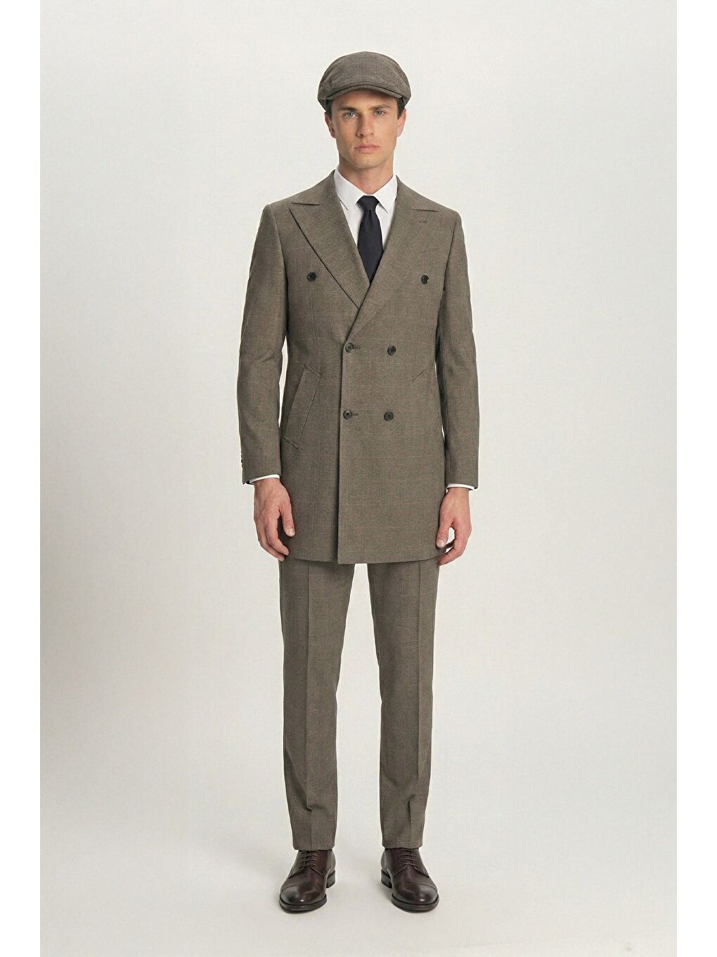 Giotelli Erkek Bej Slim Fit Ekose Mono Yaka 6 Drop Tam Astarlı 5'Li Takım Elbise-3