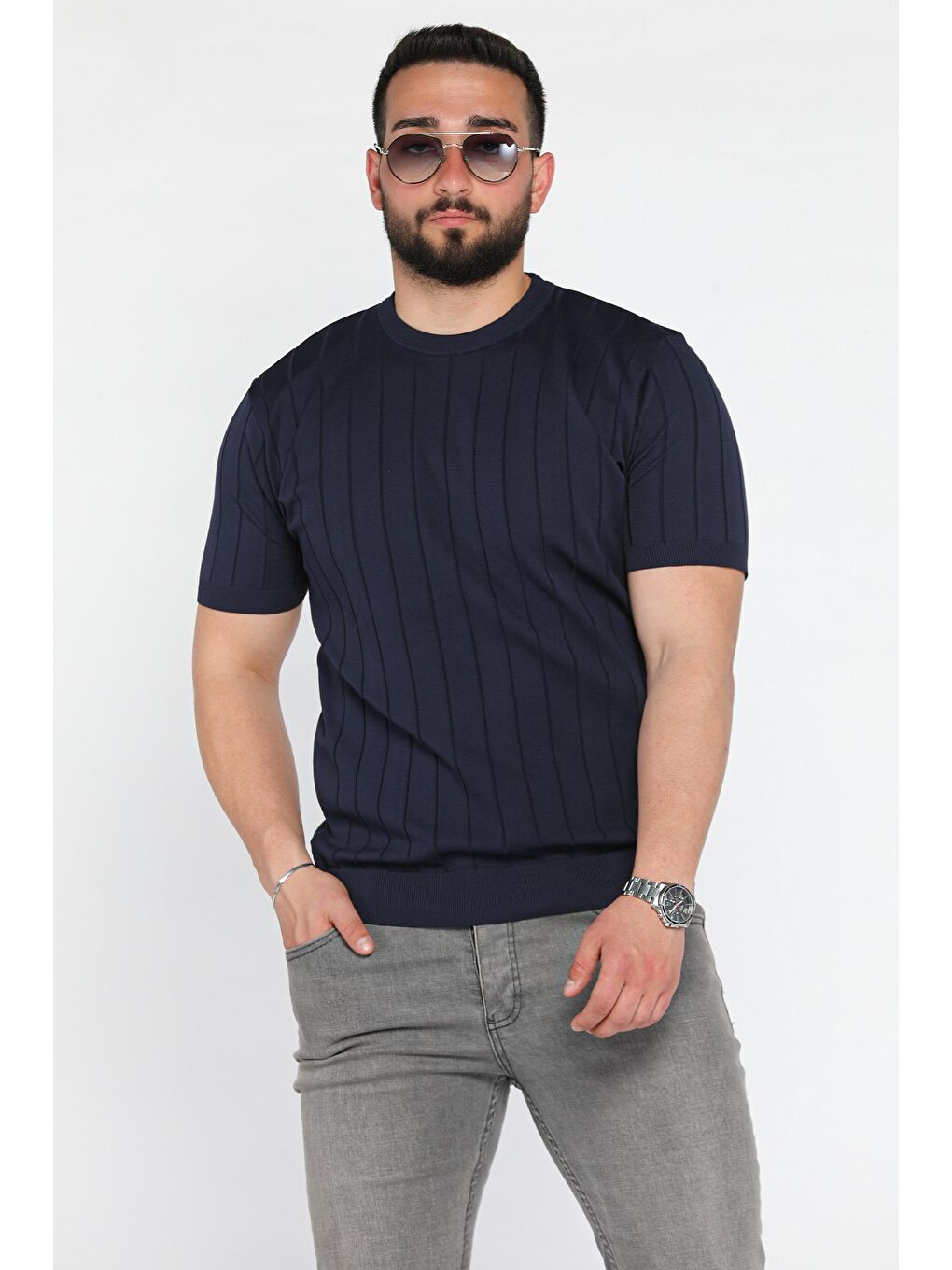Lacivert Erkek Bisiklet Yaka Kendinden Çizgi Desenli Triko Tişört