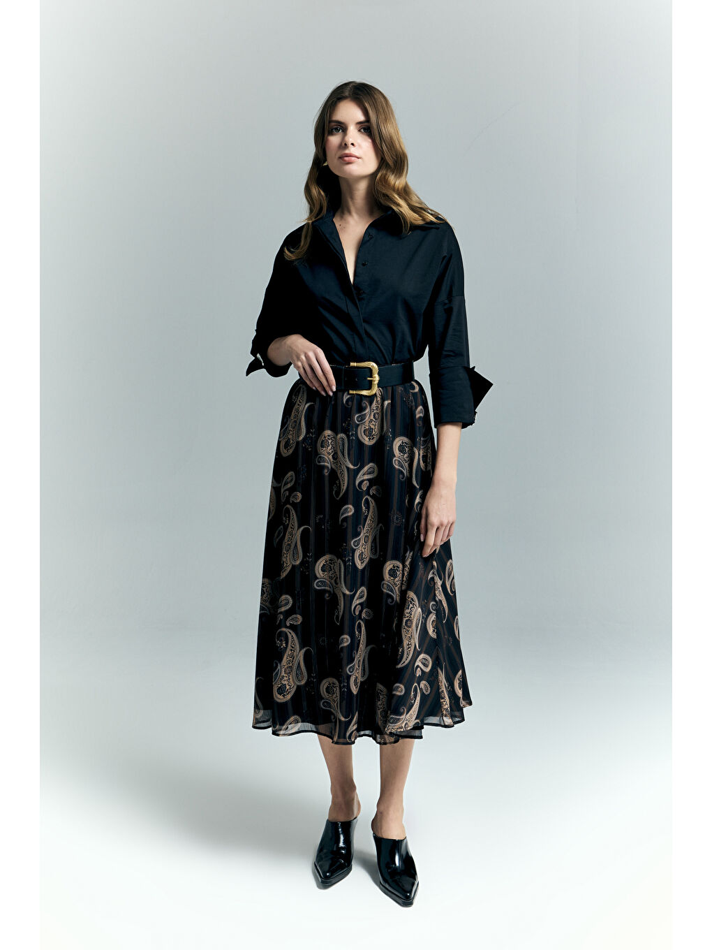 Şal Desen Şifon Etek - Siyah-2