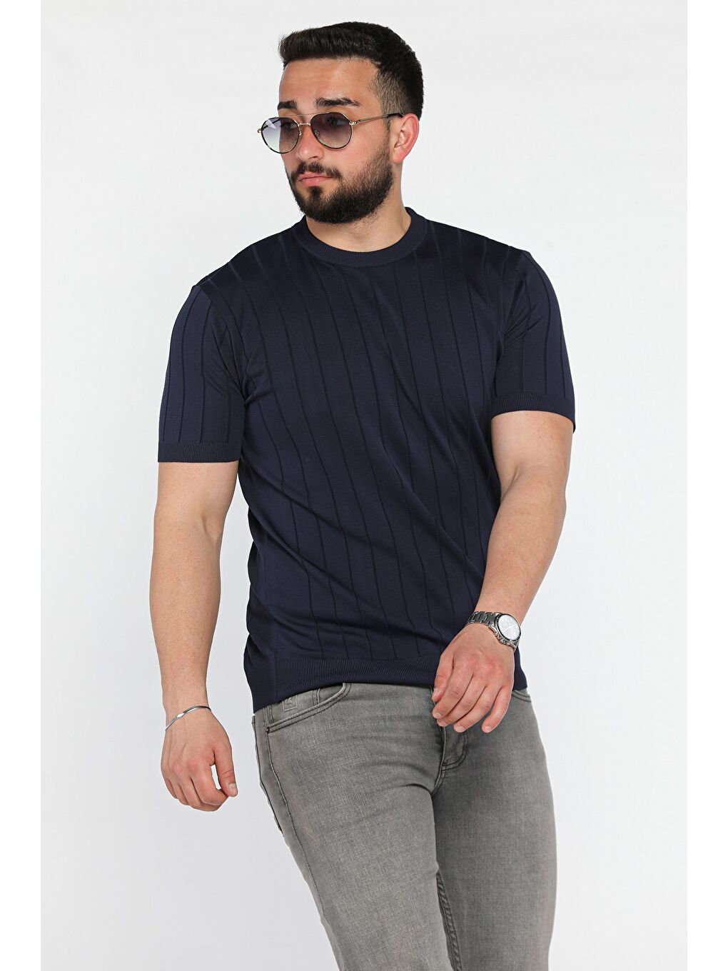 Lacivert Erkek Bisiklet Yaka Kendinden Çizgi Desenli Triko Tişört-1