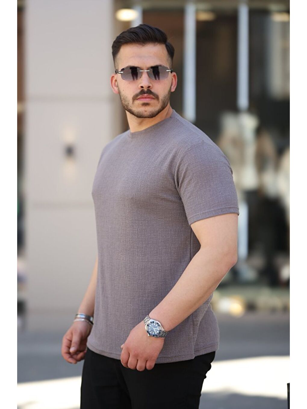 Gri Erkek Ağaç Kabuğu Desenli Kısa Kollu T-shirt-1