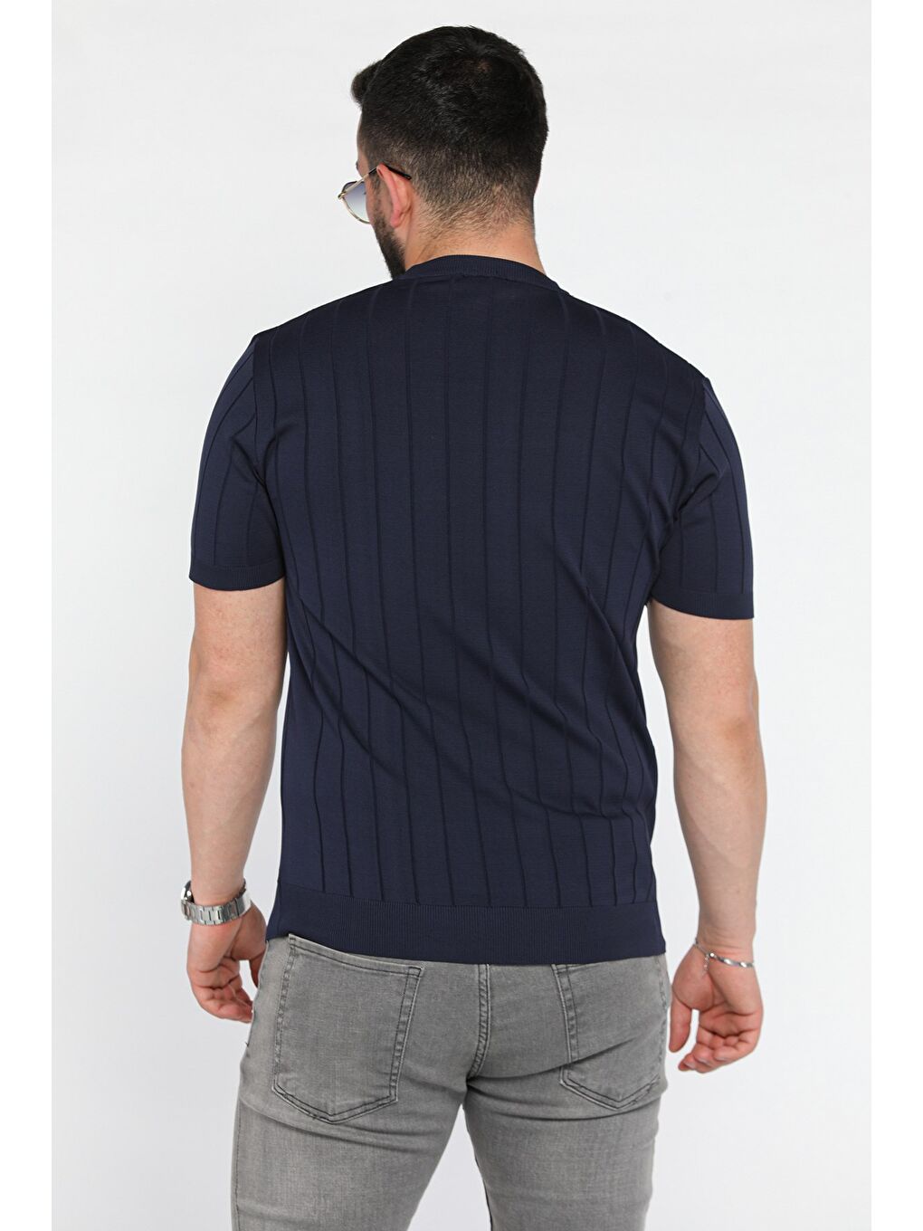 Lacivert Erkek Bisiklet Yaka Kendinden Çizgi Desenli Triko Tişört-2