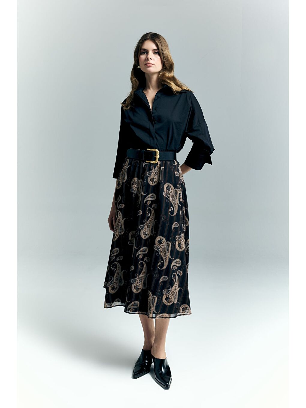 Şal Desen Şifon Etek - Siyah-3