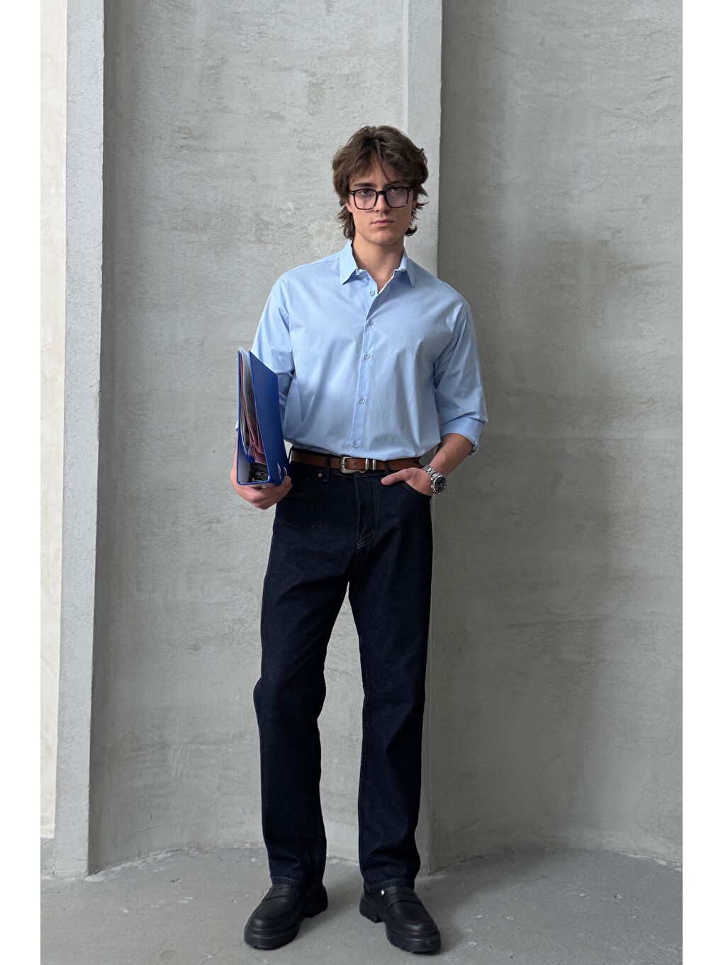 Mavi Erkek Oversize Pamuklu Poplin Gömlek-4