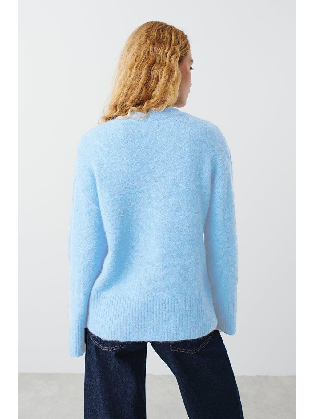 Bebe Mavisi V Yaka Oversize Kadın Triko Kazak Mg2149-5