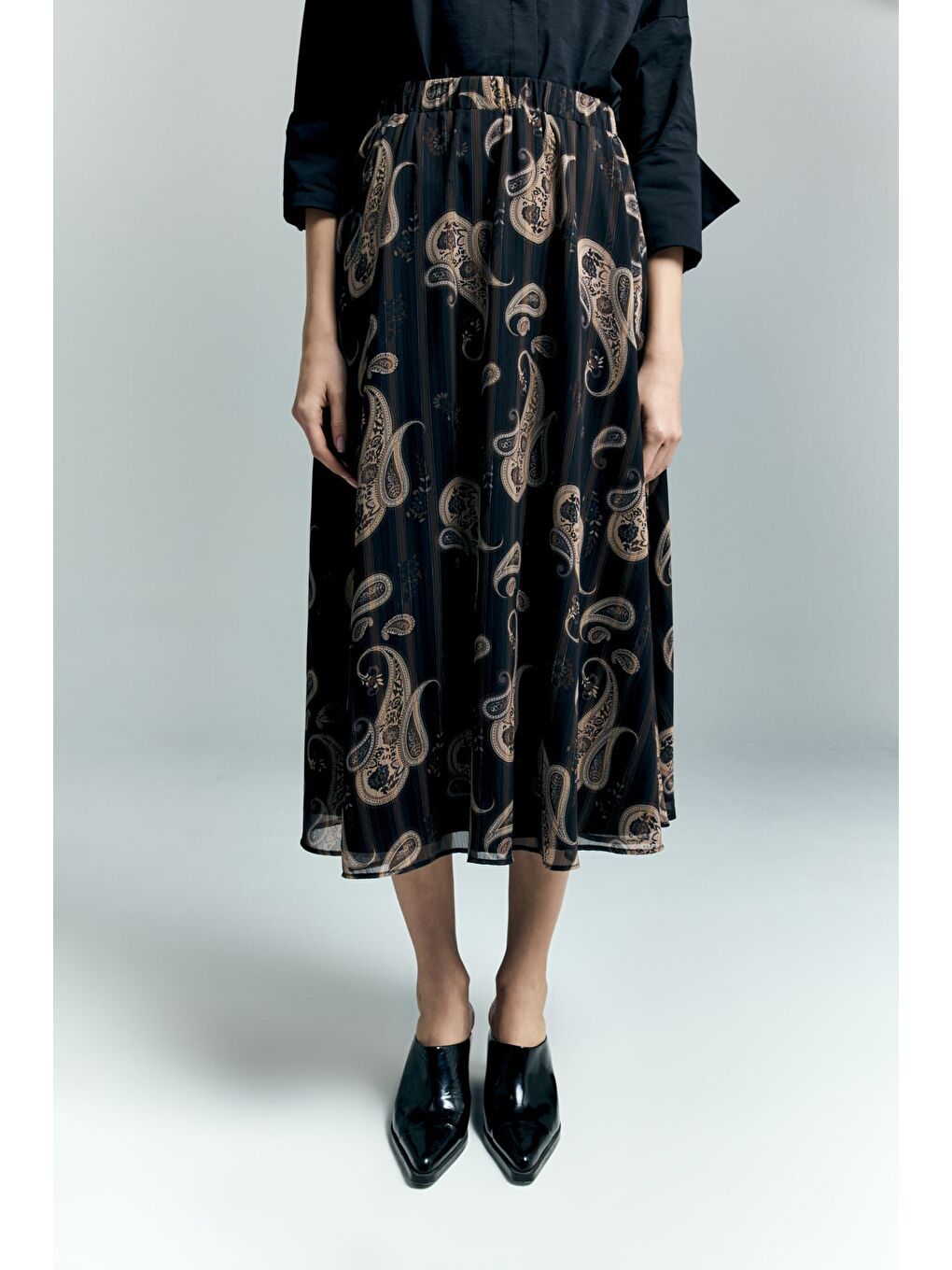 Şal Desen Şifon Etek - Siyah-4