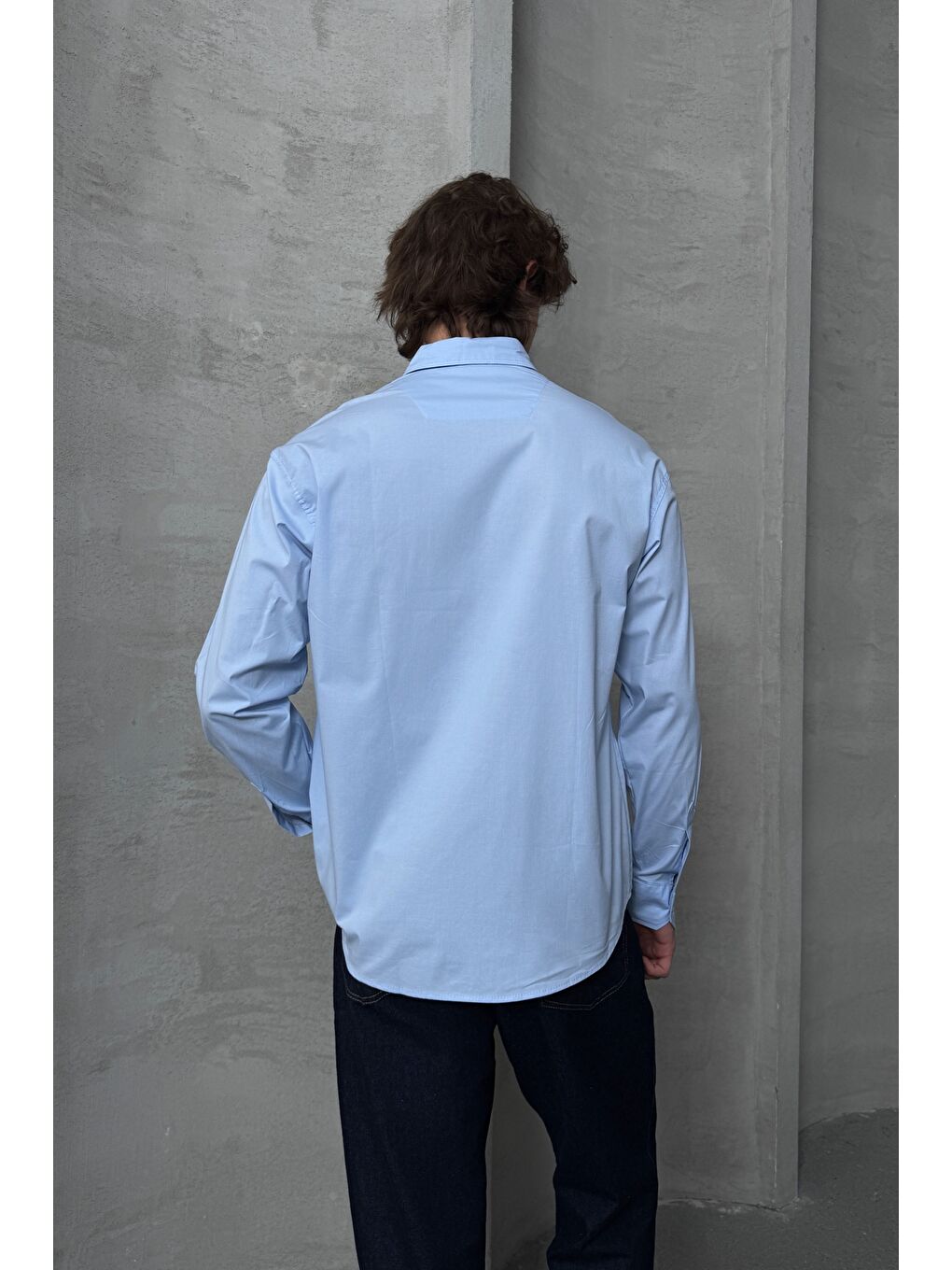 Mavi Erkek Oversize Pamuklu Poplin Gömlek-5