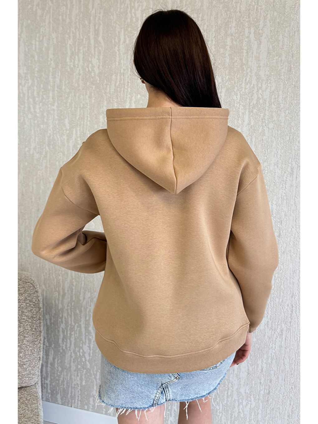 Ekru Yarım Fermuarlı Üç İplik Şardonlu Kadın Sweatshirt-3