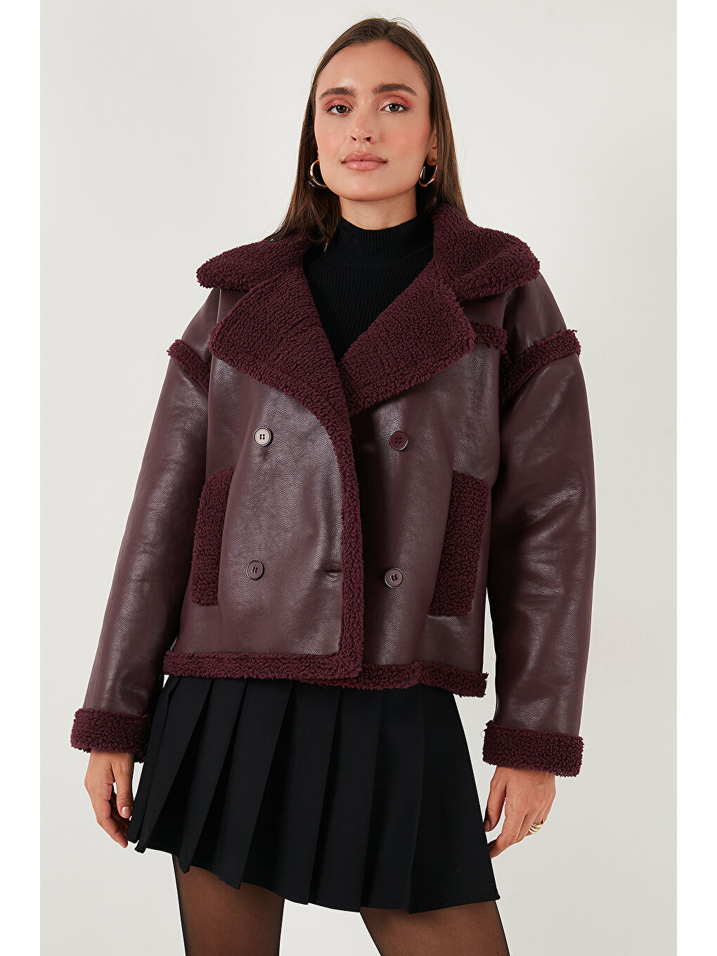 Bordo Oversize Kruvaze Yaka Pelüş Detaylı Suni Deri Biker Ceket Mont 6810247-3