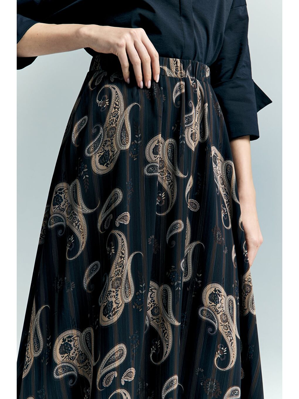 Şal Desen Şifon Etek - Siyah-5
