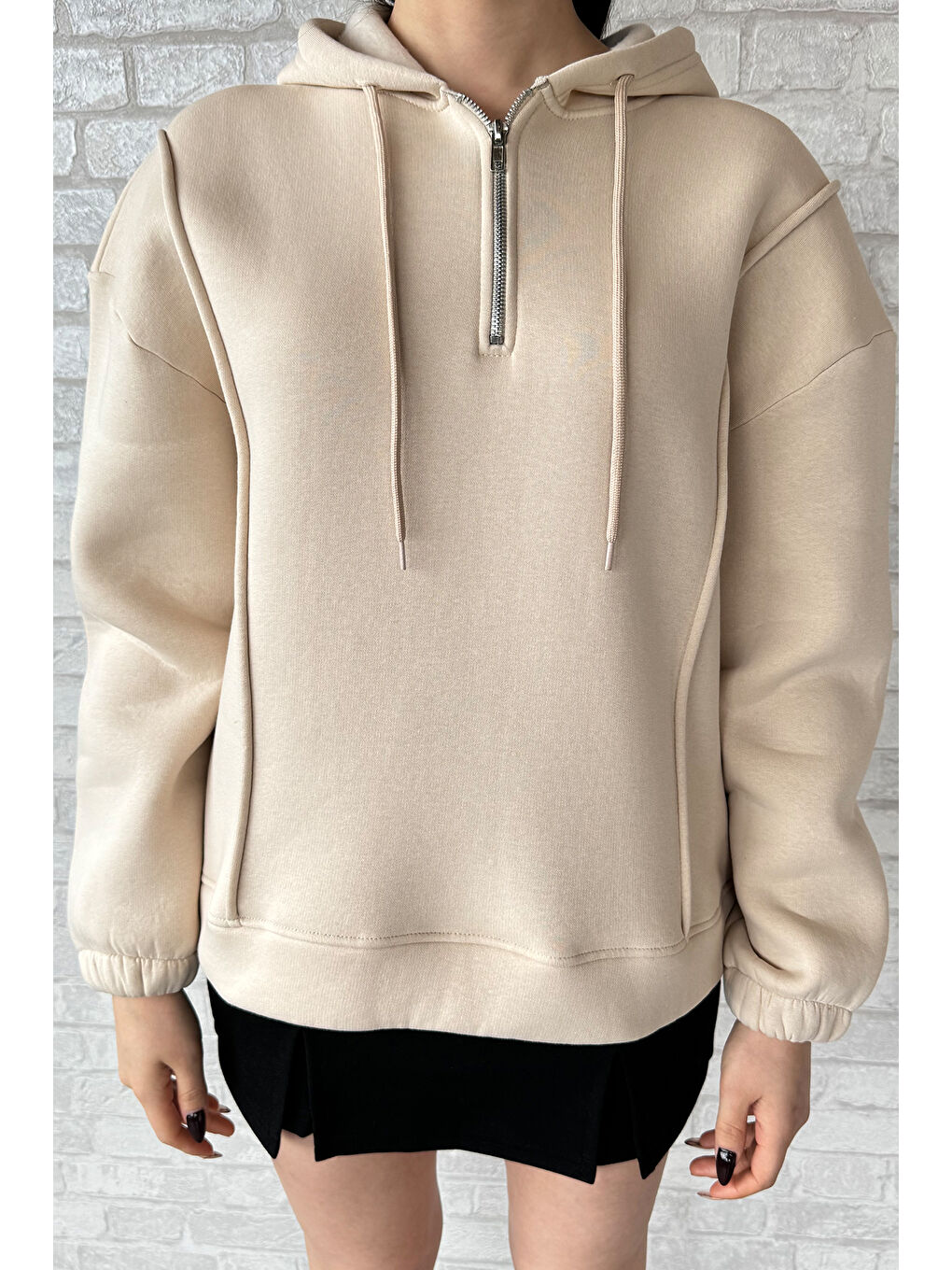 Bej Yarım Fermuarlı Üç İplik Şardonlu Kadın Sweatshirt-2