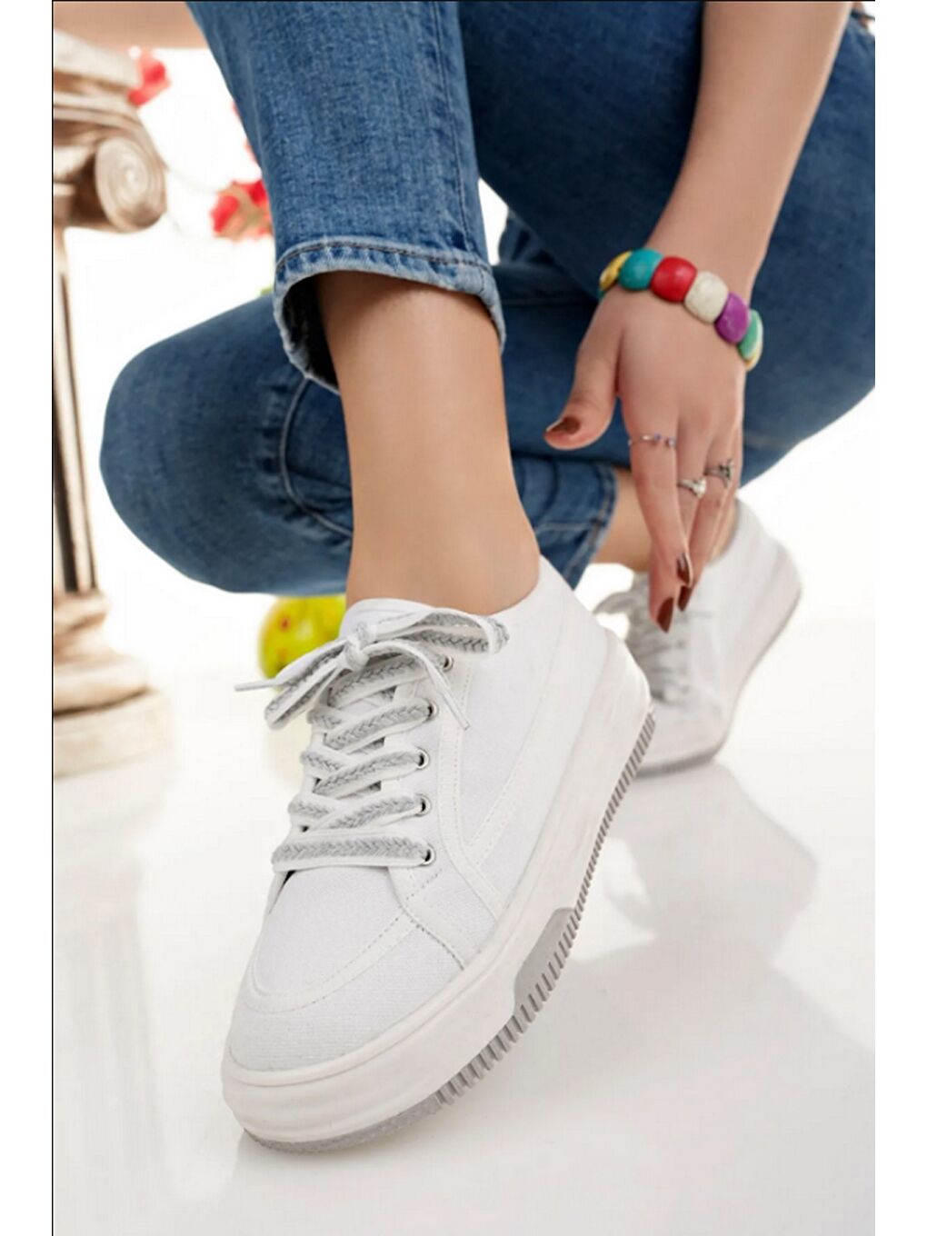 Beyaz Kadın Keten Spor Ayakkabı