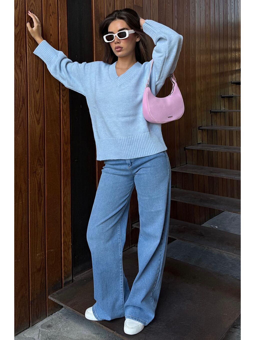 Bebe Mavisi V Yaka Oversize Kadın Triko Kazak Mg2149-6