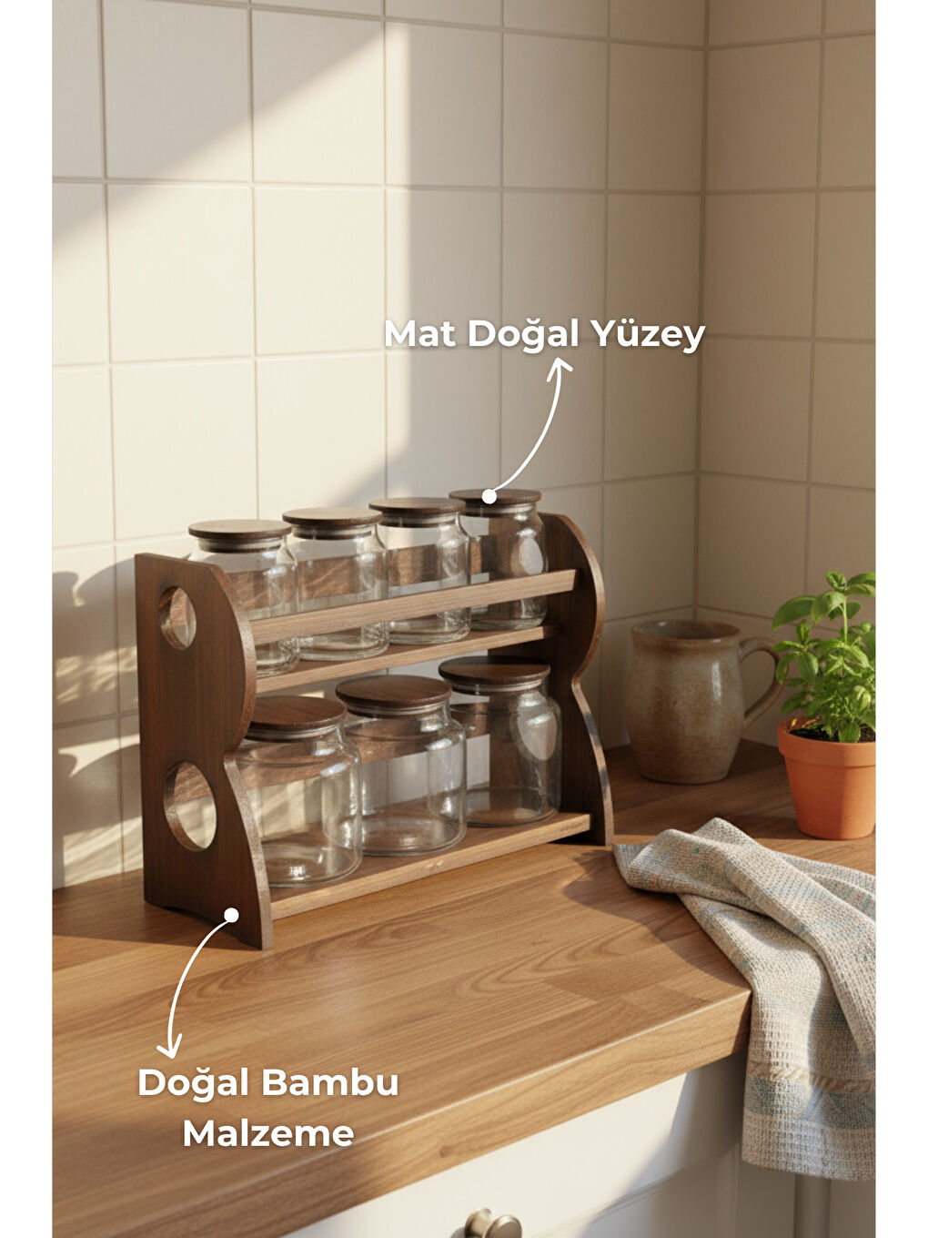 Kahverengi Nero - Bench - 8 Parça 2 Katlı Standlı Baharatlık Seti