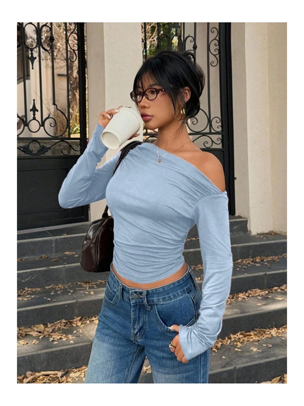 Mavi Kadın Asimetrik Omuz Uzun Kollu Büzgülü Dar Kesim Kısa Tişört