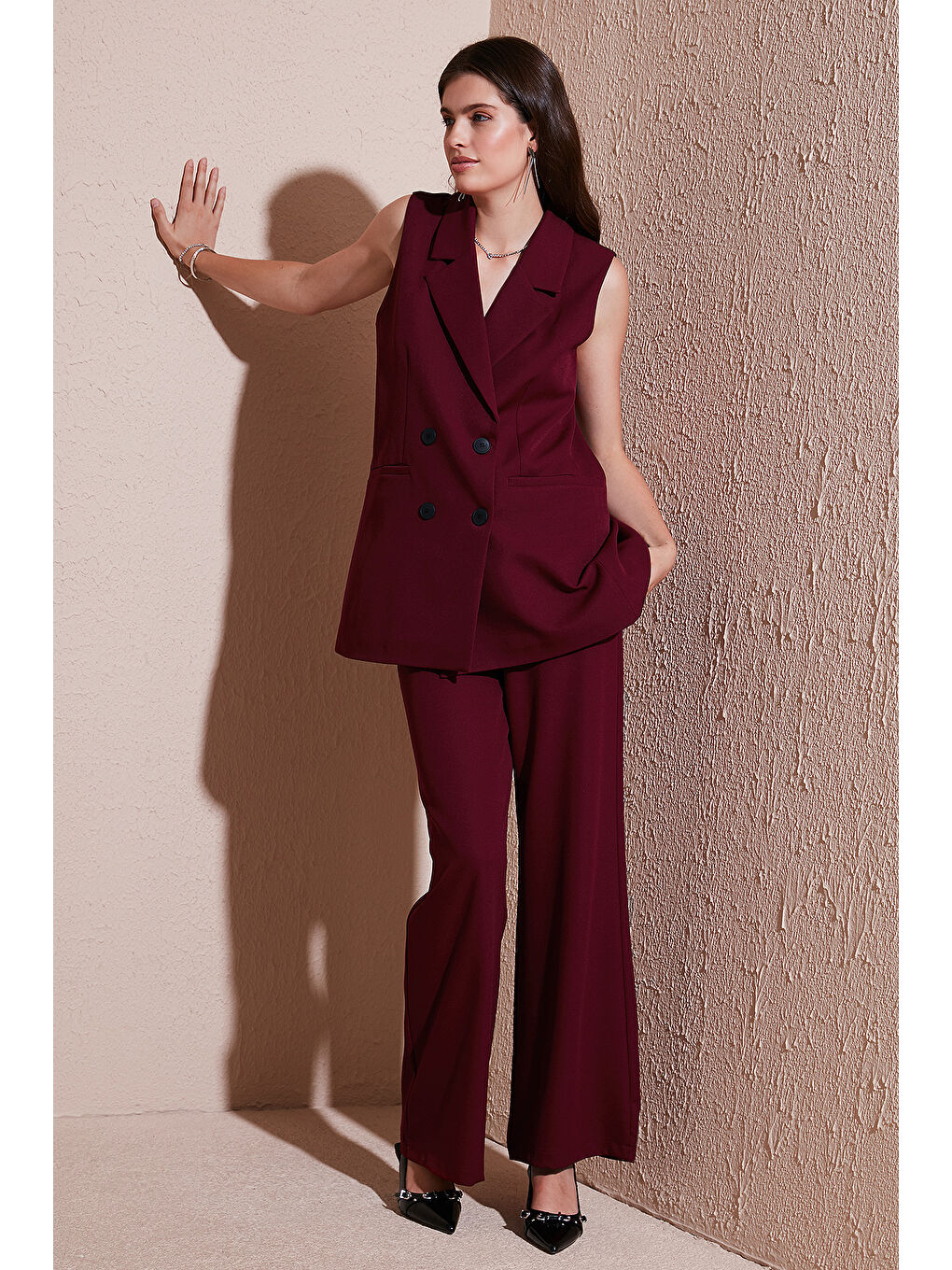 Bordo Oversize Fit Mono Yaka Kolsuz Düğmeli Kadın Ceket Yelek 6521177-1