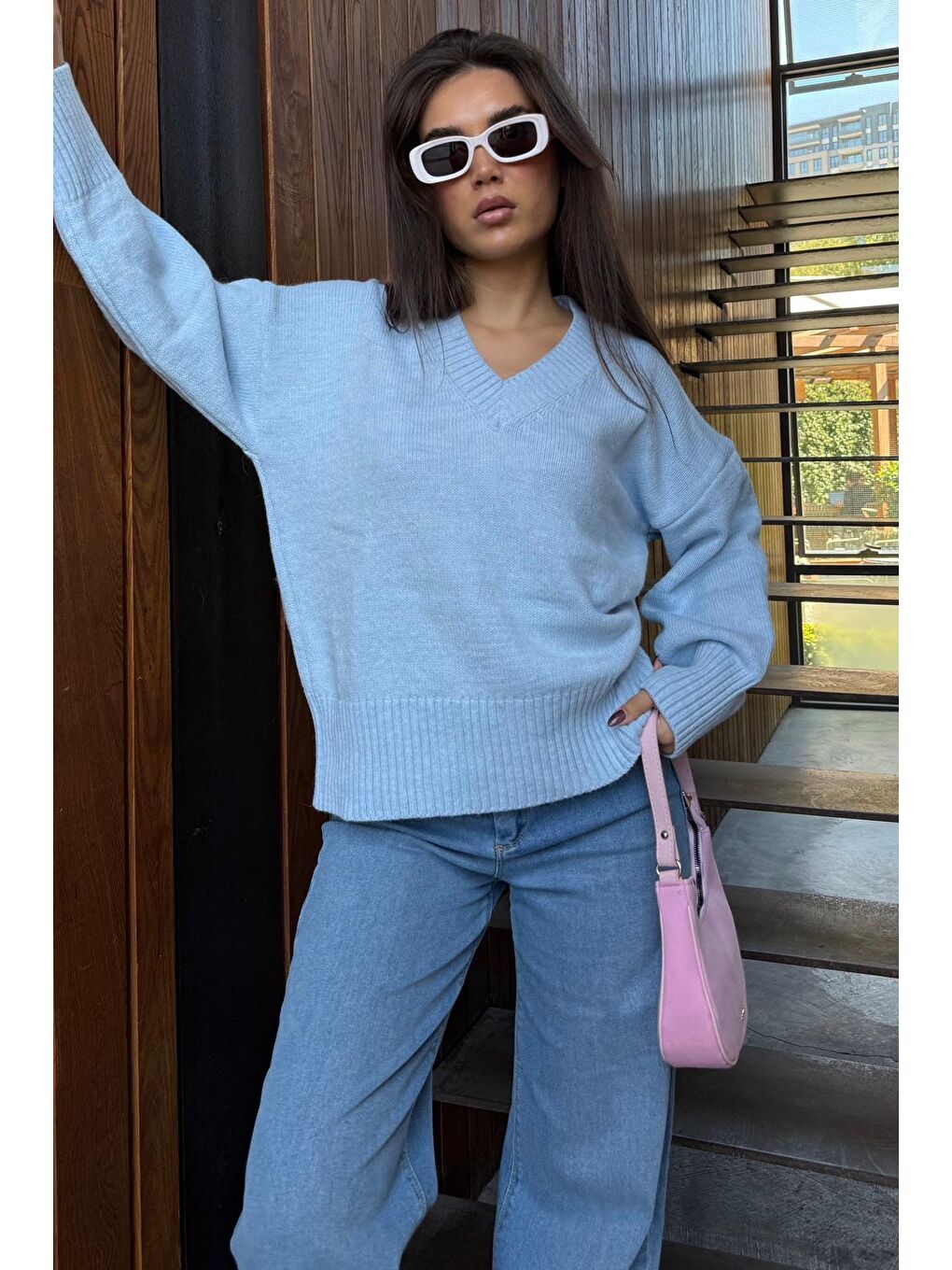 Bebe Mavisi V Yaka Oversize Kadın Triko Kazak Mg2149-7