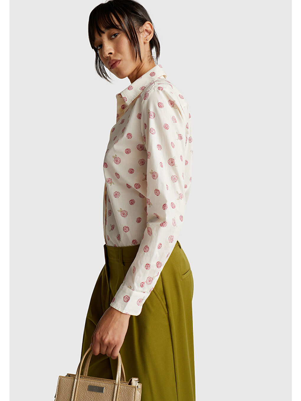 Kadın Ekru %100 Pamuk Desenli Regular Fit Gömlek-2