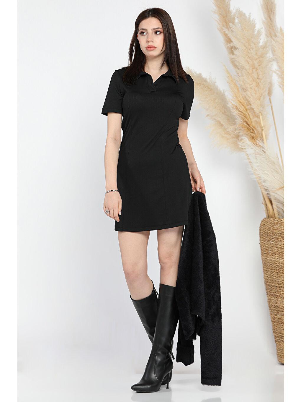 Siyah Kadın Polo Yaka Fitilli Elbise-3