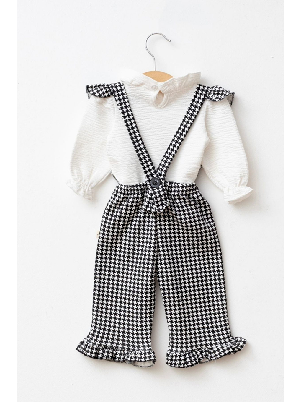 Siyah Kız Bebek Kazayağı Desenli Fırfırlı Salopet Takım-4