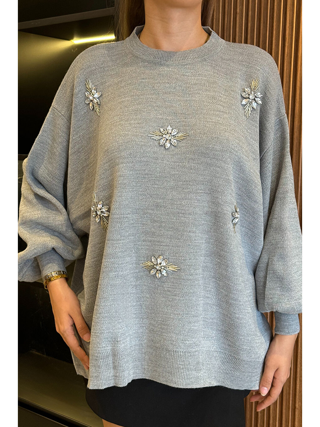 Gri Kadın Bisiklet Yaka Taşlı Salaş Triko Kazak (taşlar Farklı Gelebilir.)-2