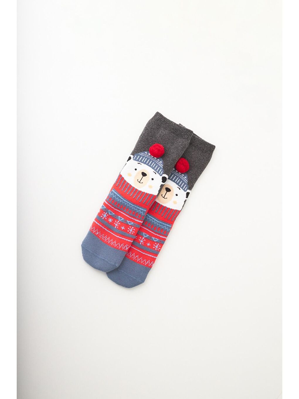 Çocuk Ponpon Detaylı Ayıcıklı Yılbaşı Soket Çorap Gri Melanj