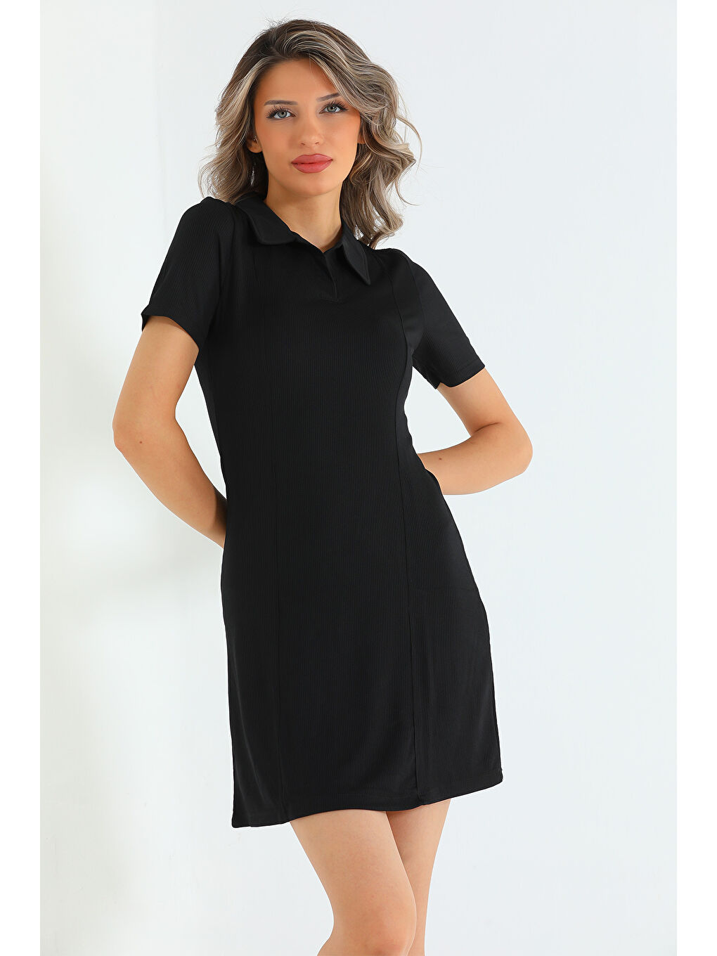 Siyah Kadın Polo Yaka Fitilli Elbise-4